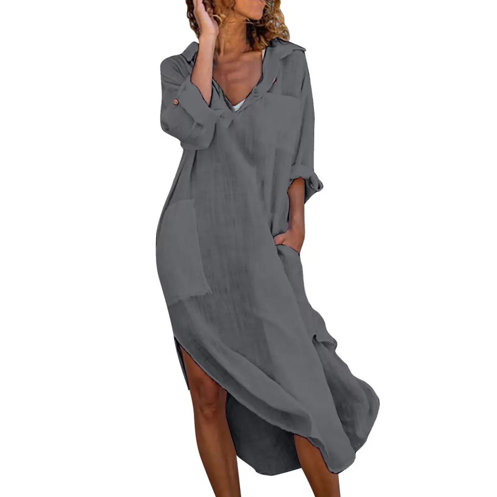 Andiwa Abito da donna elegante in maglia, con scollo a V, a maniche lunghe, con spacco, grigio, S