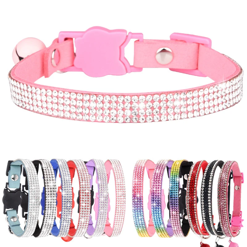 Small Cat Collar Rhinestone Breakaway Shiny Pet Goats Necklace Collier Chain Quick Release Safety Soft Suede Luxury for Kitten 4