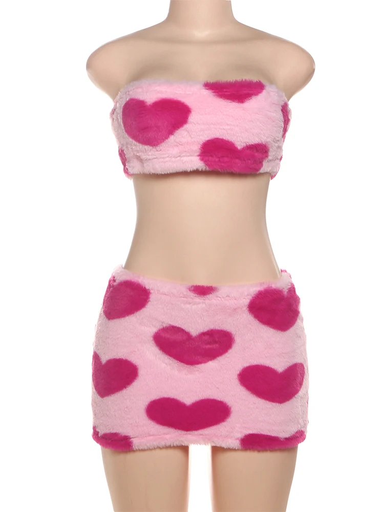 Nibber Love Print Furry 2-Piece Set Women Strapless Mini Tops+Elastic Waist Skirts Sweet High Street Music Festival Fashion Suit