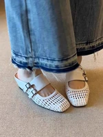 Sabots Tressés de Plage pour Femmes Mules en Cuir Sandales à Talon Compensé Moyen Chaussons Rétro Bout Fermé Chaussures d'Été Élégantes Diapositive Confort 6