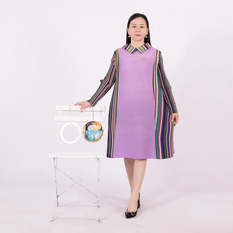 

2023 spring new print lapel temperament loose pleated dress