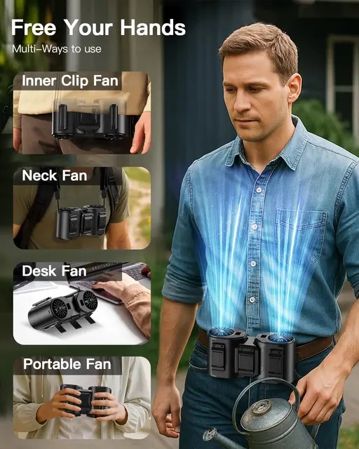 Ventilateur de refroidissement rechargeable 5 vitesses 10000 mAh pour extérieur, portable à clipser sur ceinture, à porter à la taille, à suspendre au cou, pour le camping 1