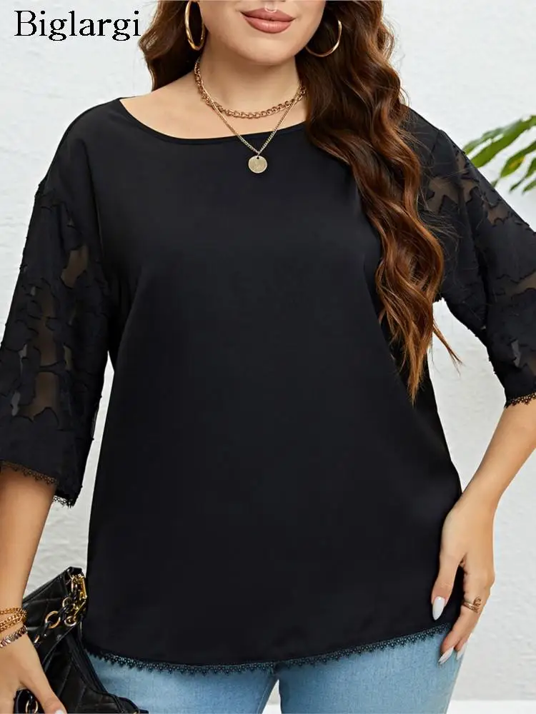 

Plus Size Summer Lace Tops Women Black Patchwork Mesh Office Ladies Blouses Loose Casual Fashion Woman Tops 2023