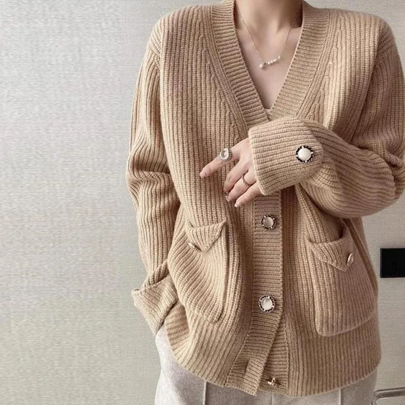 Casual Button Pocket Knitted Cardigan Autumn Winter Korean Fashion Women Tops Loose Knit Coat Sweater Outerwear Clothing 28347