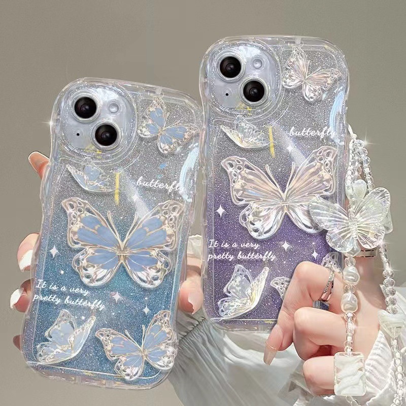 Luxury Butterfly Glitter Clear Soft phone case for iphone 13 12 11 14 15 Pro Max X XR XS 7 8 Plus Hang Chain Lanyard Cute Cover