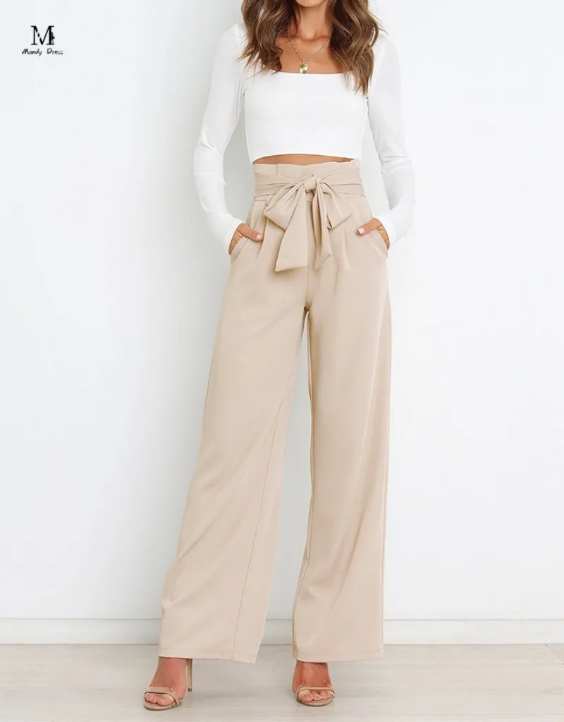 

Chic High Waist Women Wide Leg Pants Lace-up Loose Solid Clothes Fashion Office Lady OL Long Suit Trousers