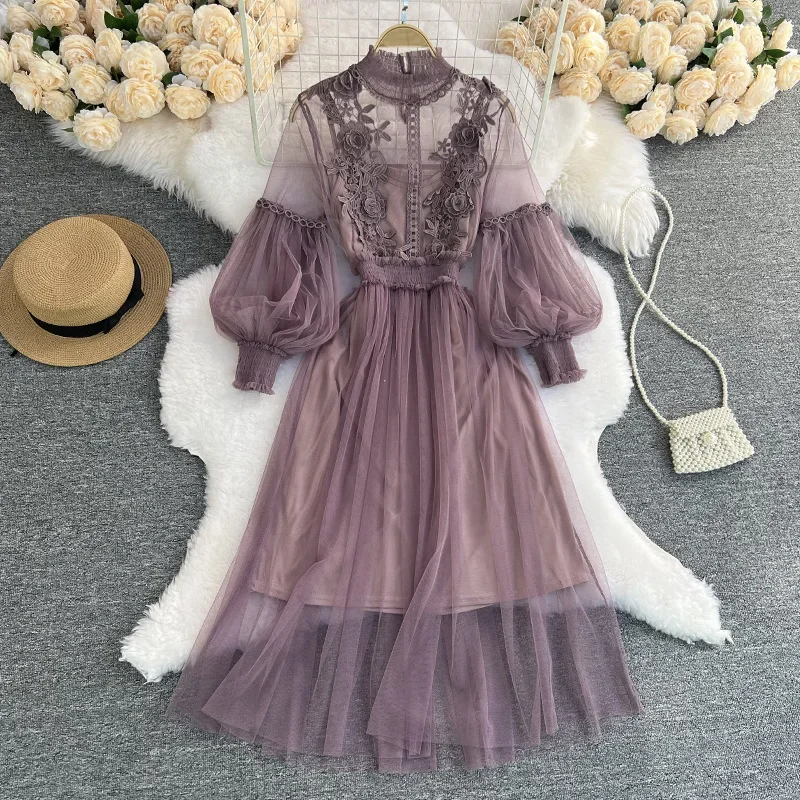 French Black Ruffled Lace Up Silk Mid Dress Spring YZ050