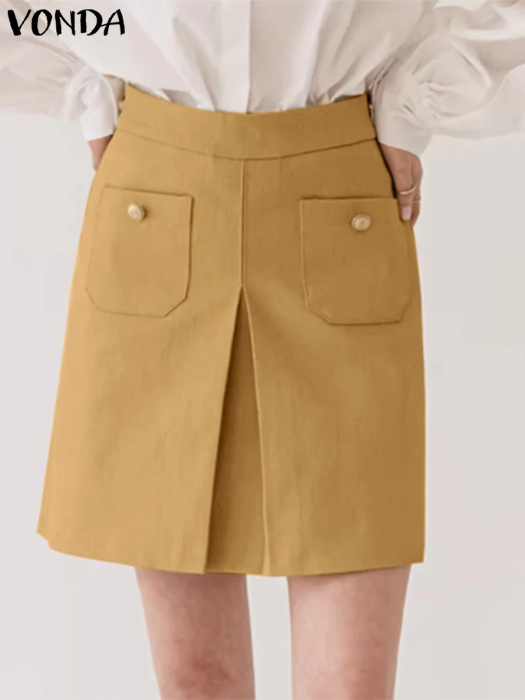 

VONDA Women Mini Skirts 2024 Summer High Waist Solid Color Pocket Short Skirt Elegant Office Streetwear Casual A-Line Bottoms