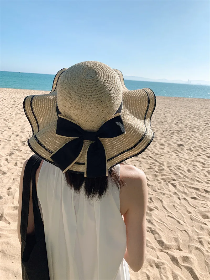 Breite Krempe Floppy Beach Bowknot Panama Lady Casual Sonnenhüte für Frauen Strohhut_voghion.com