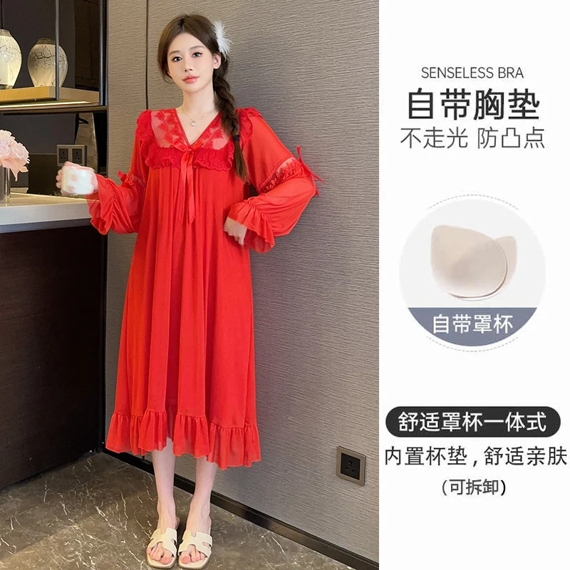 ثوب نوم نسائي بأكمام طويلة برقبة على شكل حرف V ، ملابس نوم كورية لطيفة ، فستان ليلي ، ملابس نوم ، ملابس نوم بالمنزل ، مثيرة ، دانتيل ، خريف ،