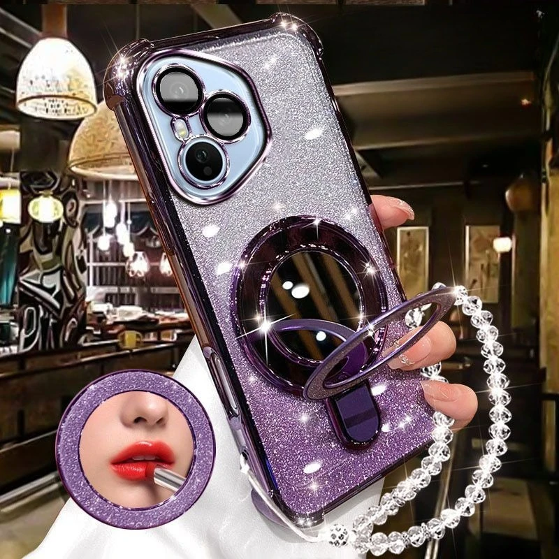 Glitter Plating Mirror Phone Case with Magnetic Holder and Bracelet Cover