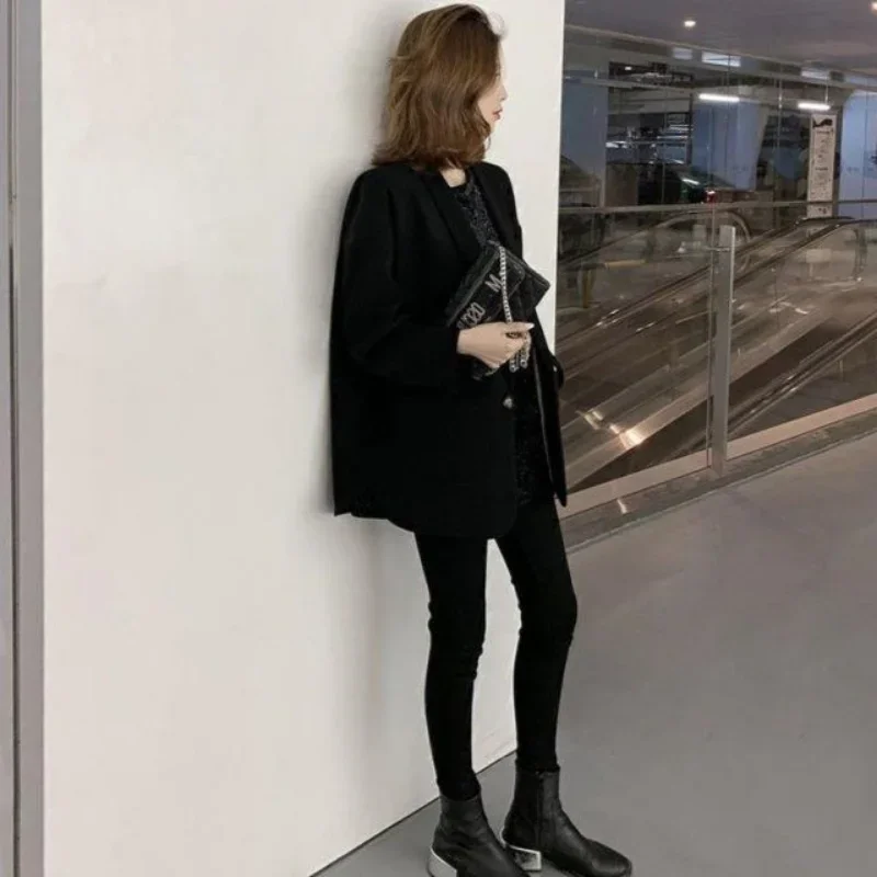 New Blazers Women's Black Suit Coat Loose Spring Autumn Jacket Long Sleeve Korean Fashion Office Women Tops Tweed Robe