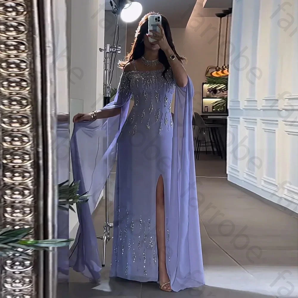 Arabic Blue Mermaid Elegant Cape Sleeves Split Beaded Evening Dresses Gowns For Women Wedding Party 2025 LA72084 main image 1