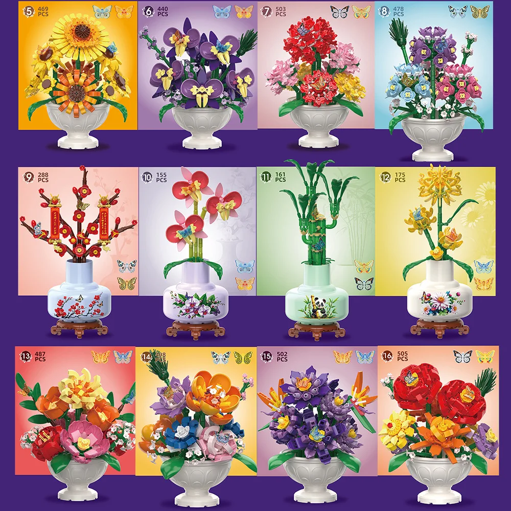 Building Block Flower Toys Small Particle Assembly Building Blocks Potted Plants Children Plant Desktop Decoration Toys Kid Gift