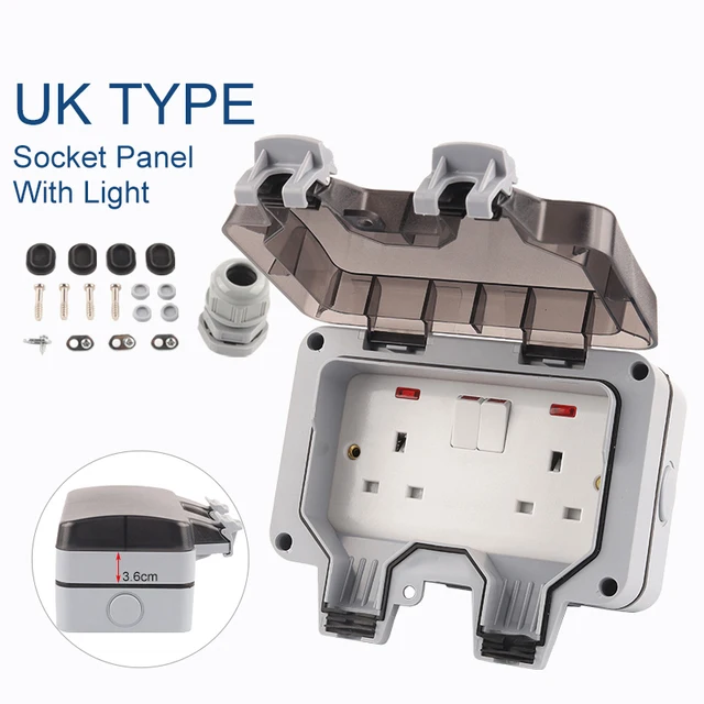 

IP66 Weatherproof Outdoor box Wall Socket 13A Double Universal UK Standard Switched Outlet With Light large plug