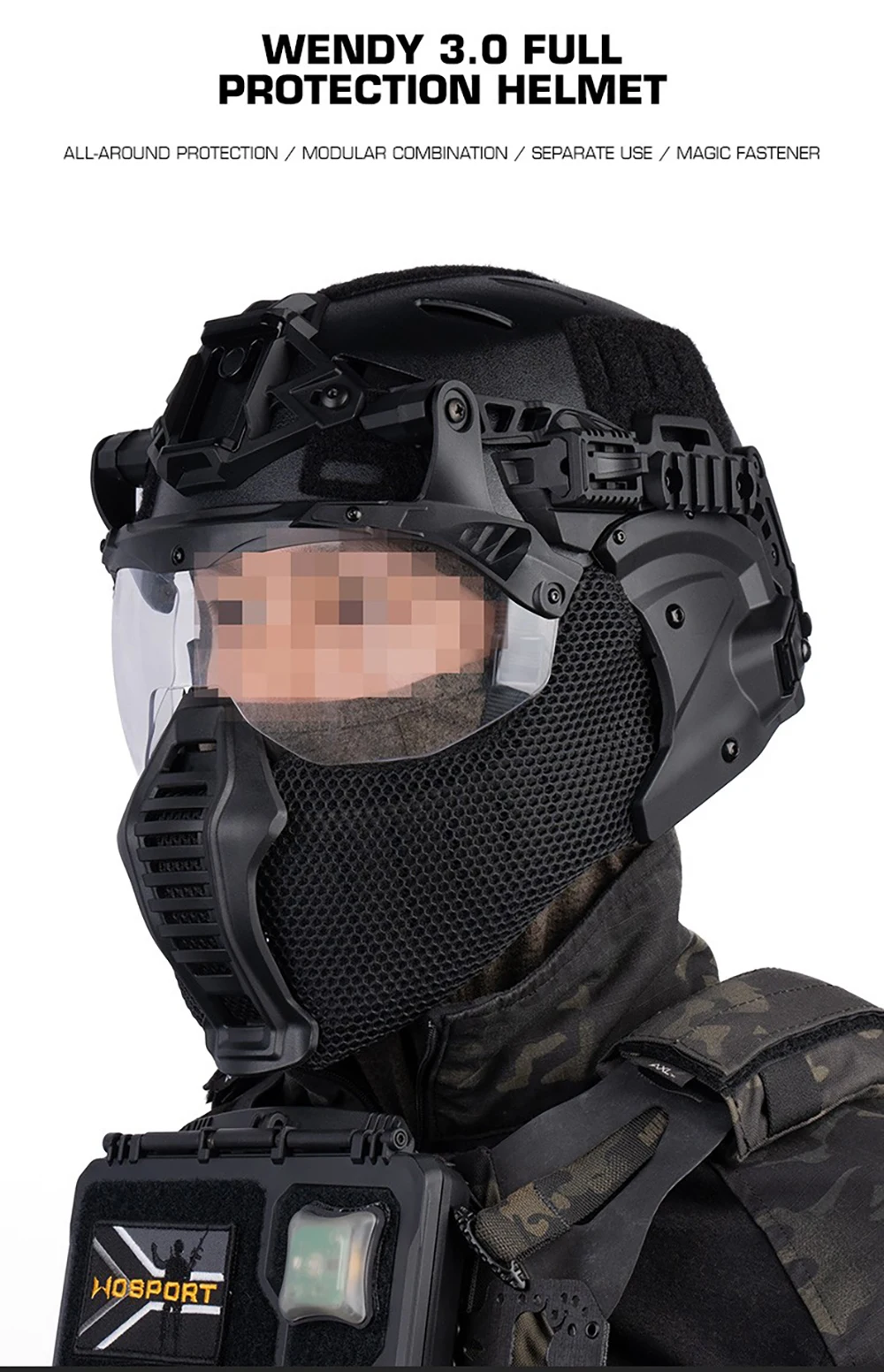 Taktischer Wendy Ex Helm 3.0 mit Modularisierung, abnehmbarer Gehörschutzmaske, Mundschutz, Vollschutzhelm – Detail 1