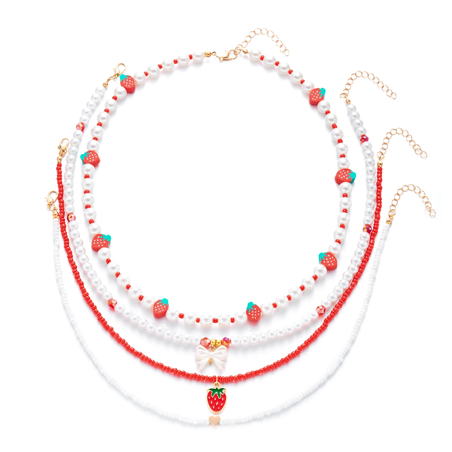 Süßes mehrschichtiges Erdbeer-Schleifen-Schmetterlings-Herz-Perlen-Halsketten-Set für Frauen, Imitationsperle, Halsband, Armband, Y2K-Schmuck, Geschenk – Detail 2