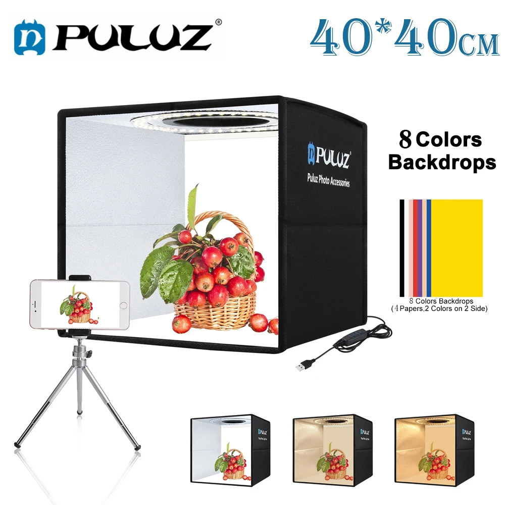 

PULUZ 40cm LED Lightbox Photography Photo Ring Studio Box Dual-side 12 Color Backdrops Photography Tent Light Box Softbox