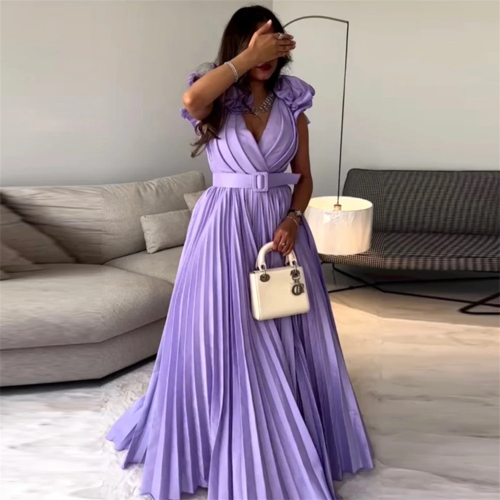 

Fashion V-Neck Lilac A-Line Satin Formal Occasion Prom Dresses Pleat Floor-length Women Evening Party Dress فساتين السهرة