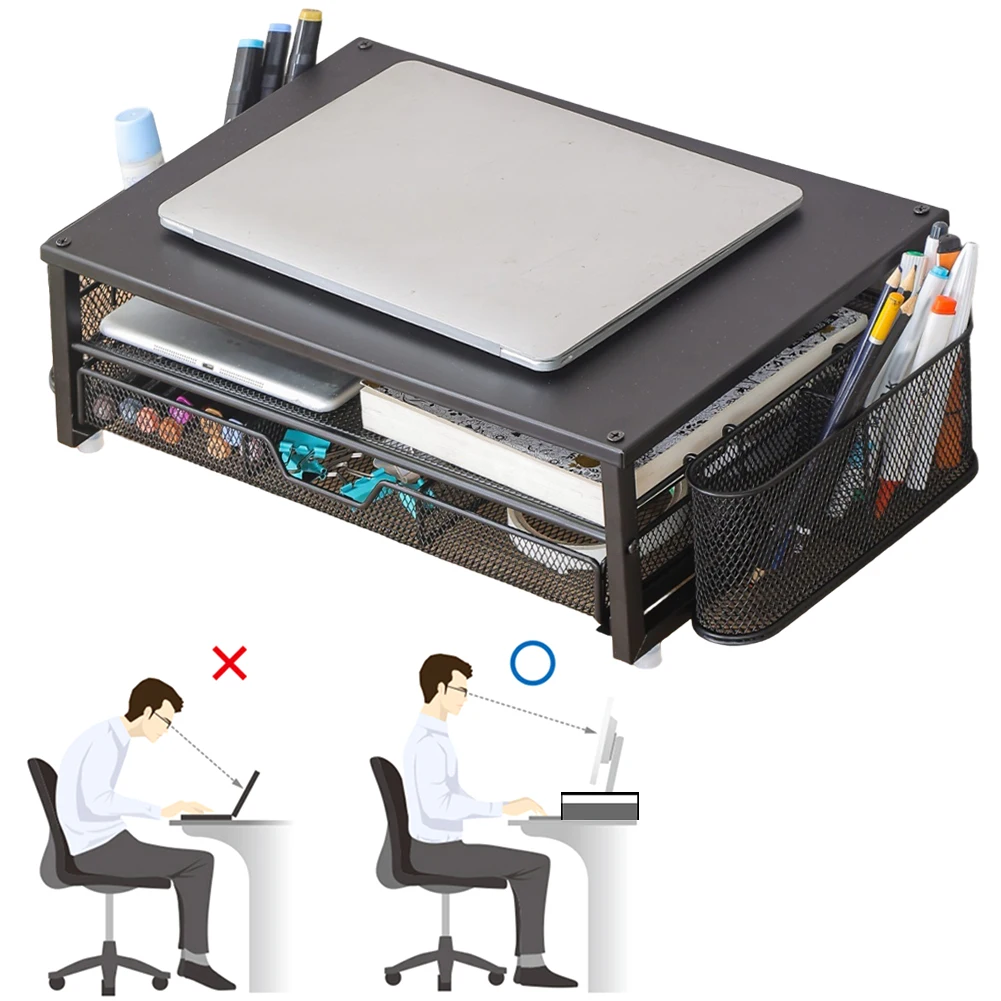 2-Tier Computer Monitor Stand Riser with Drawer and 2 Pen Holders Computer Stand Desk Monitor Riser Office Desk Accessories