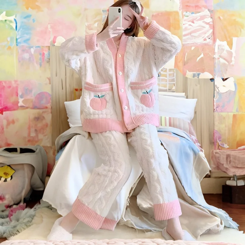 Winter Warm Pajamas Sets For Women Fleece Homewear Flannel Nightwear Female Sleepwear Set Long Sleeve Velvet V Neck Pijama Set