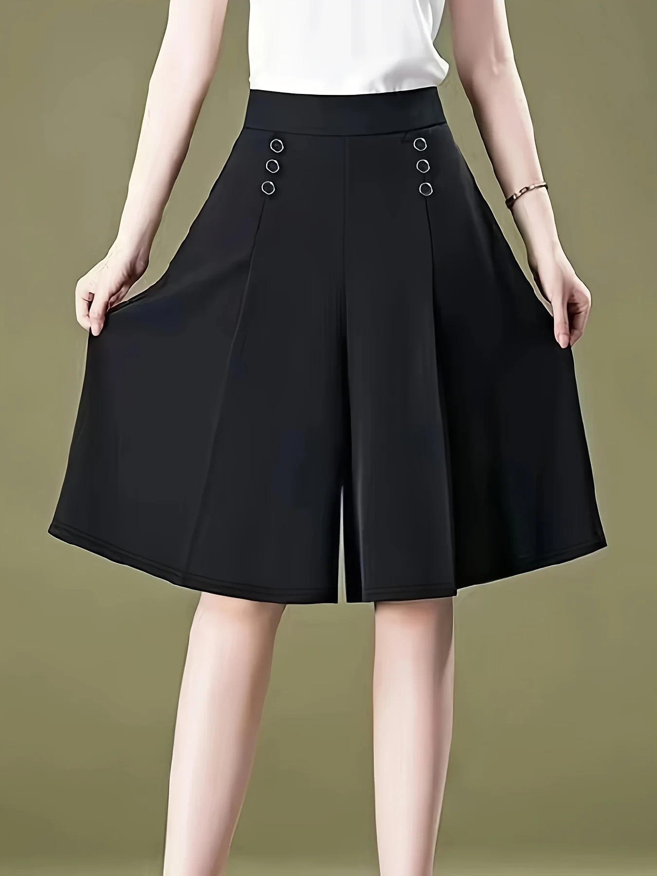 Elegante Damen-High-Waist-Culottes mit weitem Bein, lässige plissierte knielange Rockshorts mit dekorativen Knöpfen, formelle Bürokleidung – Detail 2
