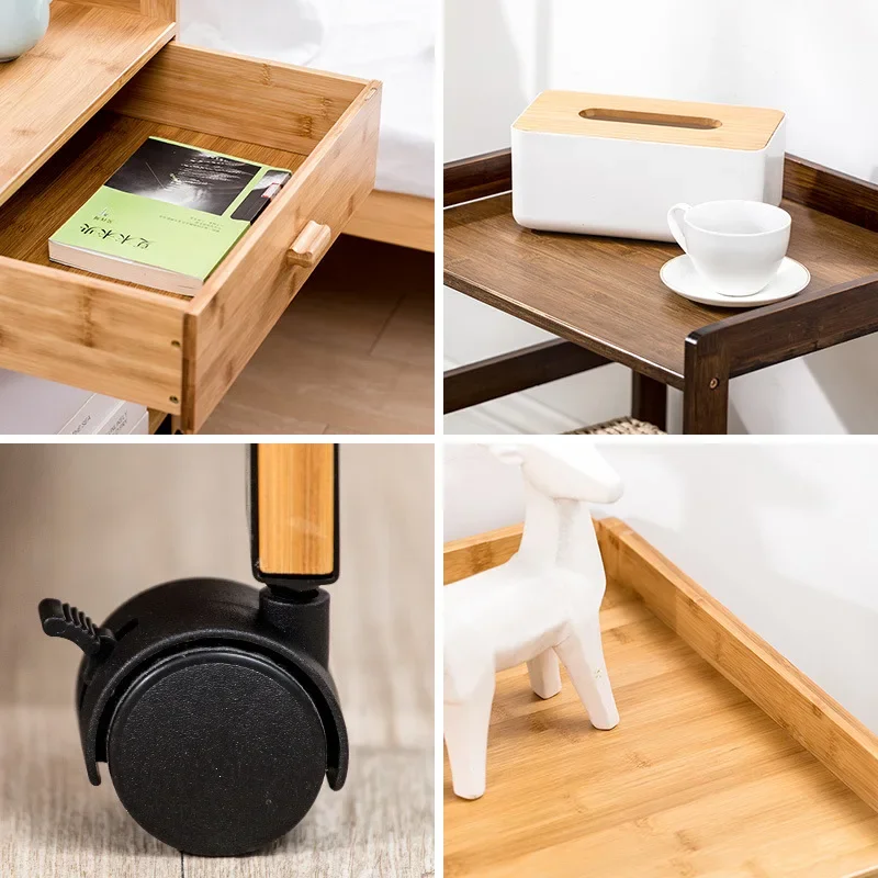 3 Layers Living Room Bamboo Furniture Movable Tea Coffee Tables Home Creative Beside Sofa Family Corner Square Table with Wheels