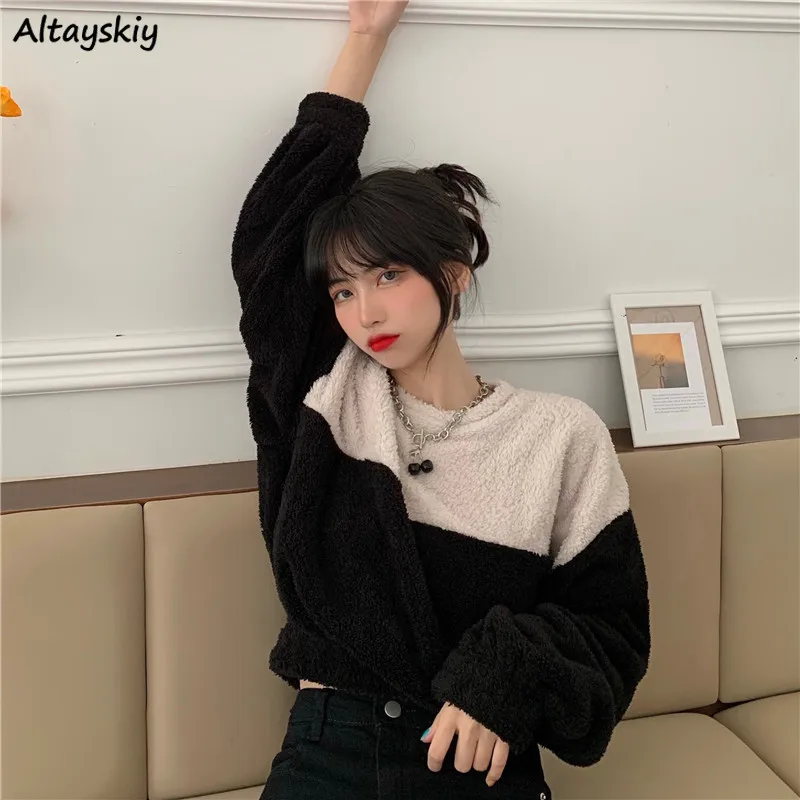 

Sweatshirts Women O-neck Loose Winter Warm Patchwork Sweet Gentle Soft BF Style Fashion All Match Leisure Harajuku Drop Sleeves