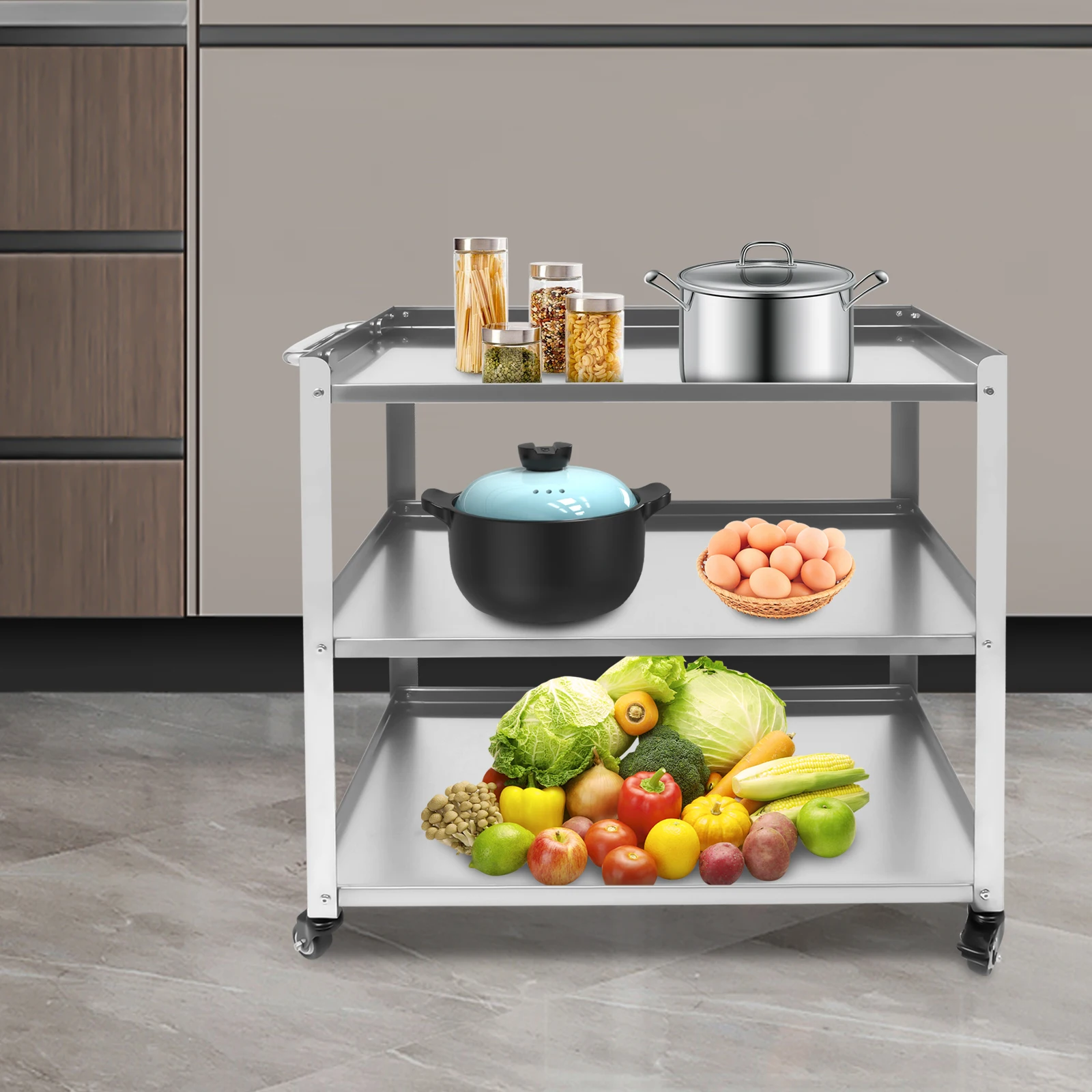 3 Tier Stainless Steel Kitchen Trolley Cart Utility Serving Storage Rolling Car Shelf Kitchen Trolley Car