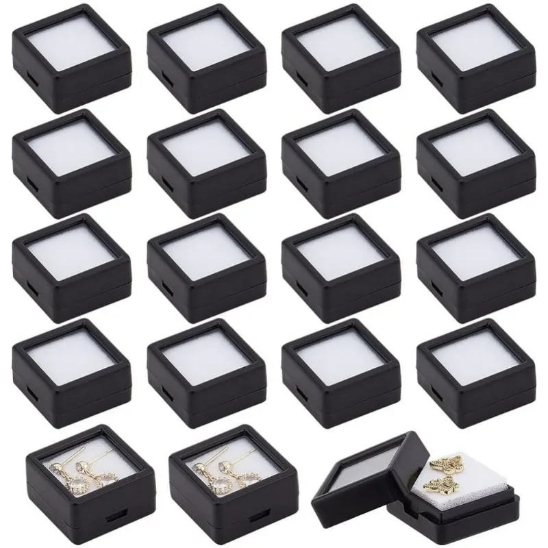 Black Gemstone Display Box 1.14x1.14x0.63inch Loose Jewelry Show Container with Clear Glass Top Lids for Gems 16 Pack