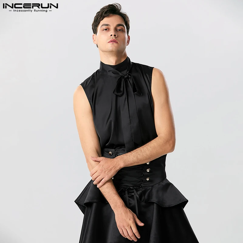 

Handsome Well Fitting Tops INCERUN Men's Satin Bow Tie Design Tank Tops Casual Streetwear Male Solid All-match Vests S-5XL 2023