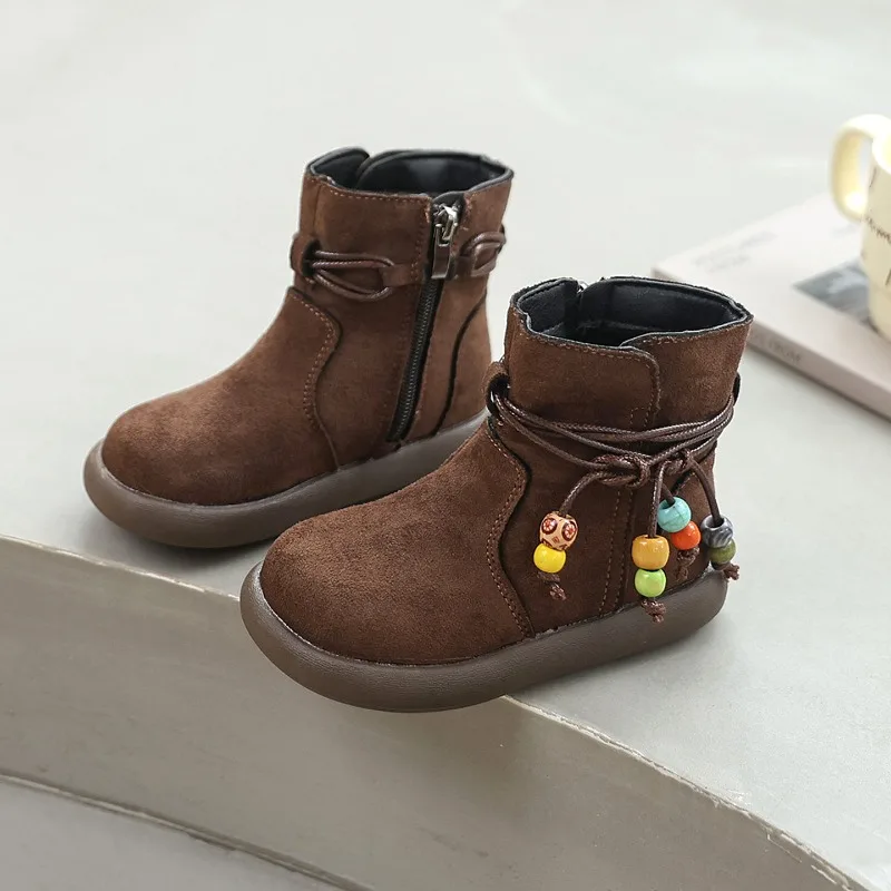 Girls Leather Ankle Boots Winter Kids Casual Beading Round Toe