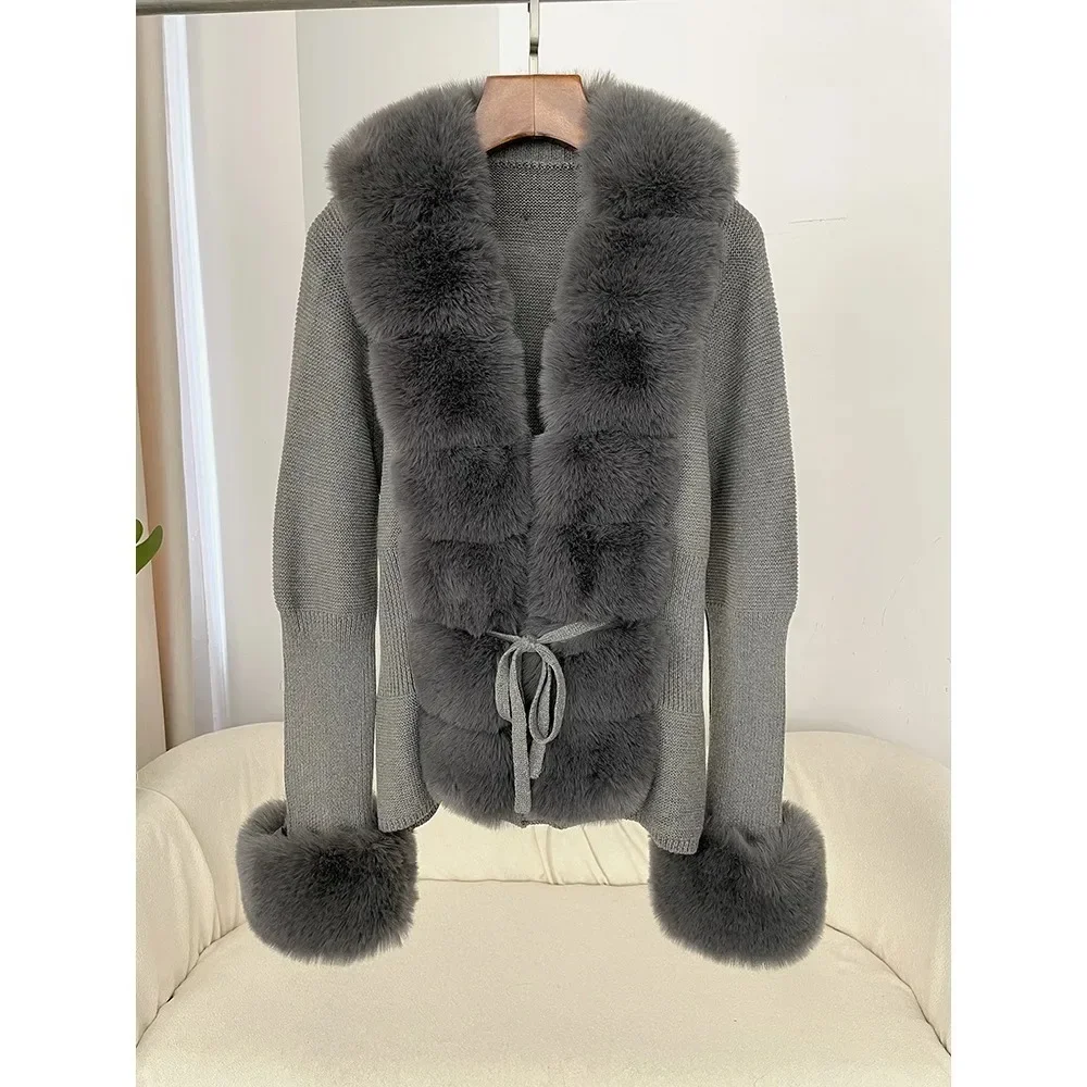 Autumn/Winter 2024 Women's Fur Coat Luxury Patchwork Knitted Sweater Bandage Fur Cardigan Detachable Collar Jacket Faux Fur Coat 2