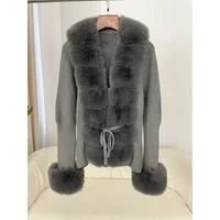 Autumn/Winter 2024 Women's Fur Coat Luxury Patchwork Knitted Sweater Bandage Fur Cardigan Detachable Collar Jacket Faux Fur Coat 2