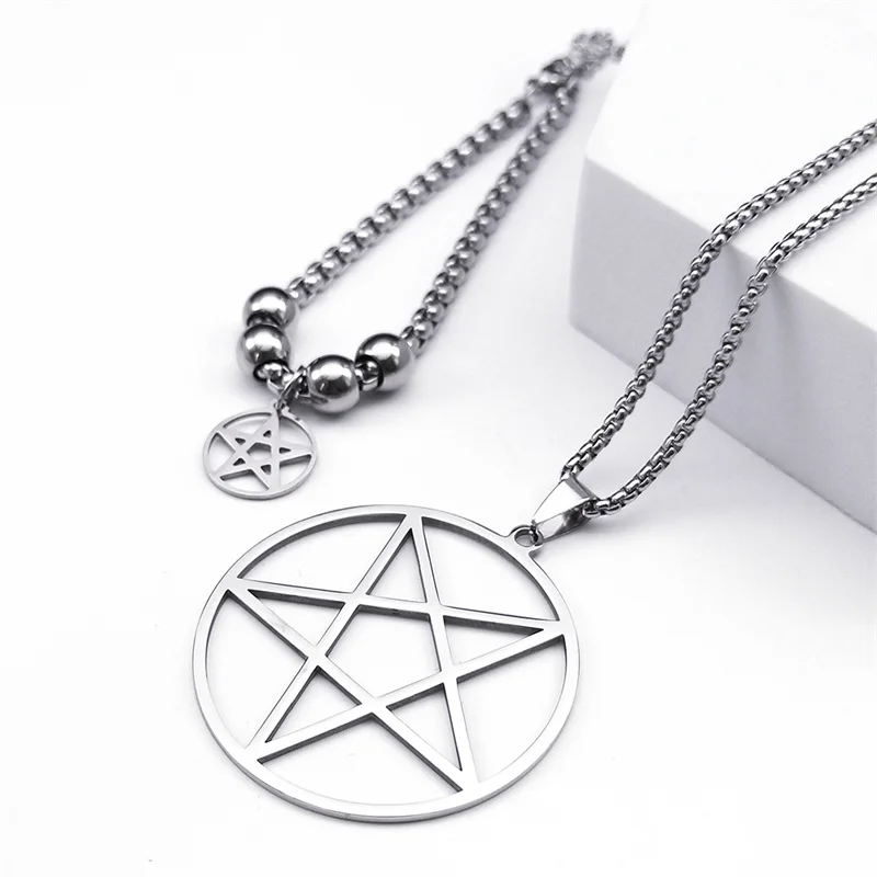 Edelstahl Pentagramm Pentakel Stern Halskette für Damen und Herren Punk Hoop Ohrringe Ring Armband Schmuckset Conjuntos De Joyas – Detail 9