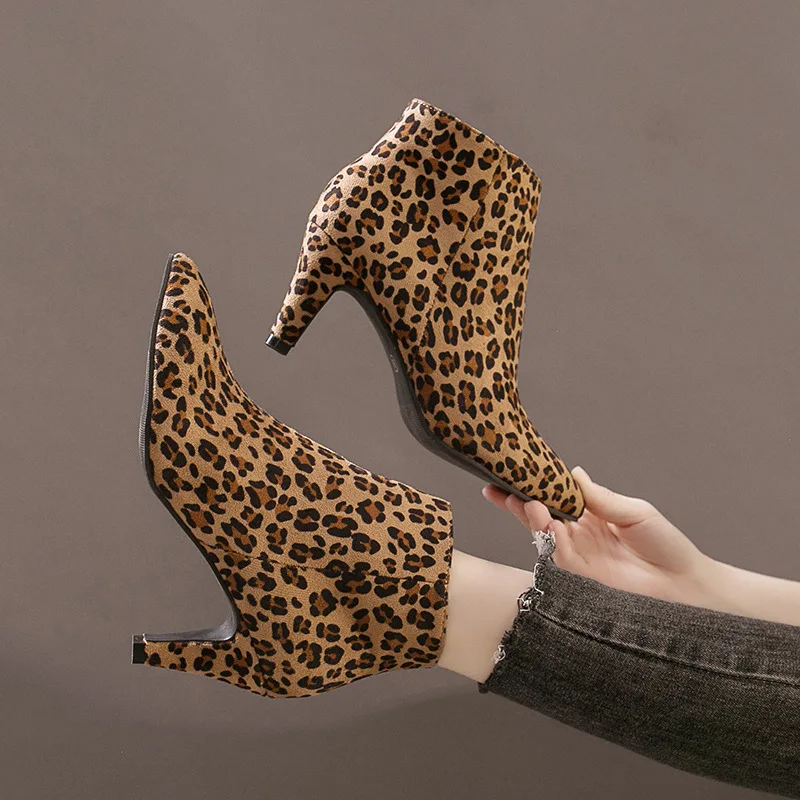 Boots Women Autumn Ankle Boots Sexy Flock High Heels Woman Shoes Zipper Leopard Short Winter Boots Female Adult Shoes Ladies