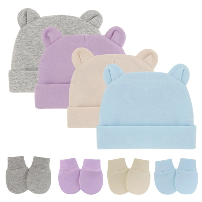 Newborn Baby Cotton Beanies Hospital Hat and Mittens Set Solid Candy Color Stretchy Infant Warm Cap Gloves 0-1 Years Old car baby accessories