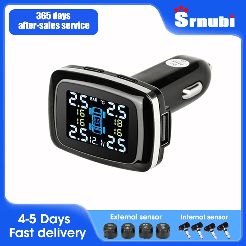 

Srnubi Car TPMS Tire Pressure Monitoring System Sensors Cigarette Lighter USB port Auto Security Alarm Systems Tire Pressure