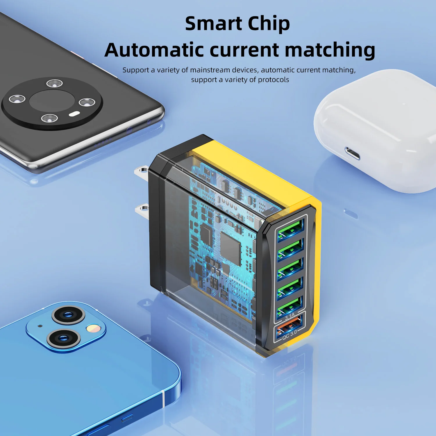 USLION 3.1A 6Ports USB Charger Fast Charging Adapter For Xiaomi iPhone 15 14 POCO Mobile Phone EU US Plug QC 3.0 Travel Charger