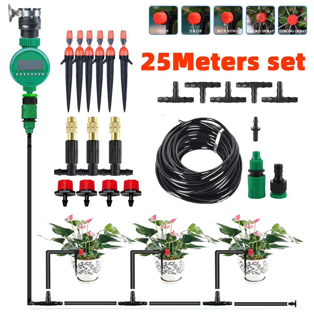 

25M DIY Watering Kit Misting Sprayer Dripper Drip Auto Irrigation Kit Garden Flower Bed Greenhouse Lawn Sprinklers