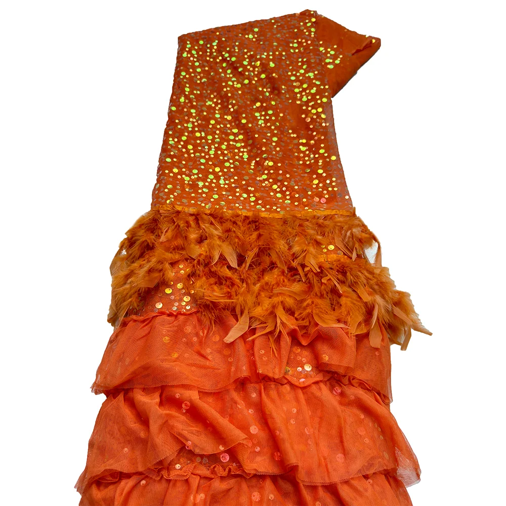 African Feather Lace Fabric Embroidery With Sequins Nigerian Tulle For Wedding Party Long Dress