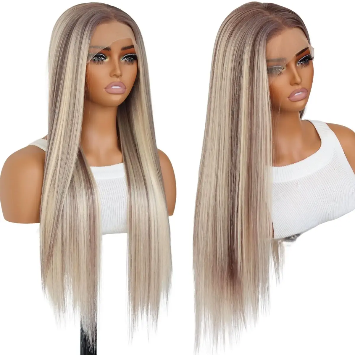 Highlight Ash Blonde Lace Front Wig Straight Ombre Brown Mixed Blonde 13x4 Synthetic Lace Front Wigs for Women 24Inch