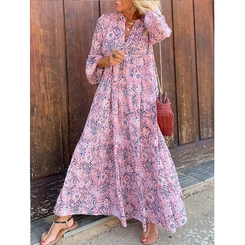 

Y2K INS Long Sleeve V Neck Vacation Beach Floor Length Dress Spring Autumn Floral Print Loose Bohemian Dress for Women 2023