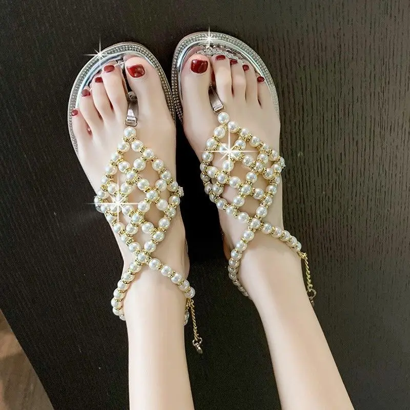 

Pearl Sandals Fairy Style 2022 New Summer Women's Shoes Strap Roman Shoes Net Red All-Match Flat Bottom Flip-Flops