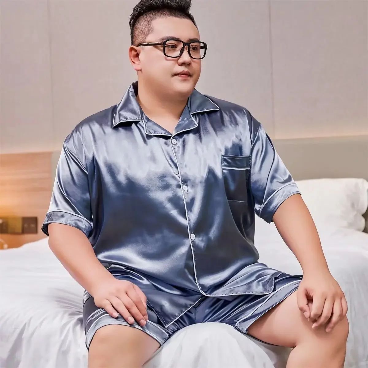 Men's Plus Size Pajamas Summer Short Sleeve Shorts Loungewear Ice Silk Set Extra Large