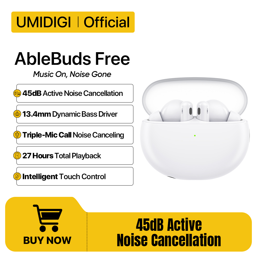 UMIDIGI AbleBuds Free Wireless Earphone 45dB Active Noice Cancelling IP55 Water Resistant Game Music Sports Bluetooth Headphones