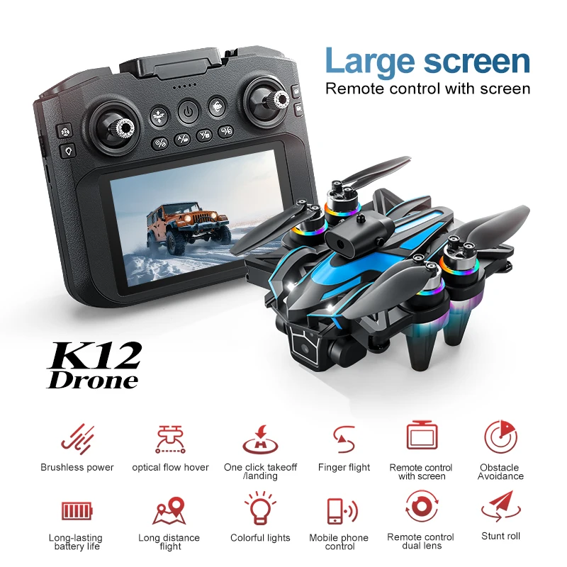 K12 MAX WIFI FPV 4K Two Camera Drone 360 ° Flip Obstacle Avoidance Optical Flow Hover Quadcopter New LCD Screen Remote Control