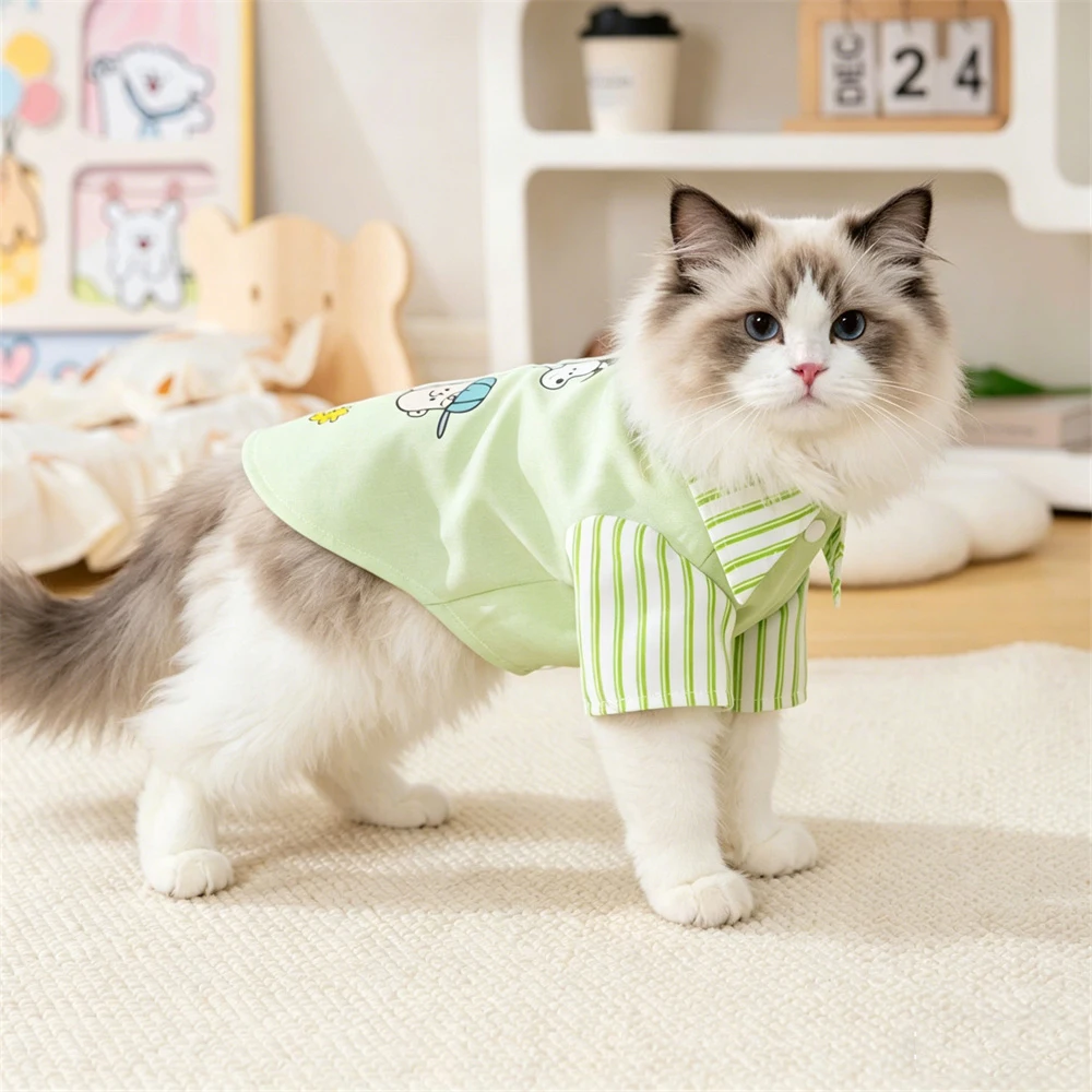 패션 스트라이프 프린트 고양이 개 셔츠 작은 개를위한 D-링이있는 느슨한 편안한 애완 동물 의류 여름 새끼 고양이 옷 복장