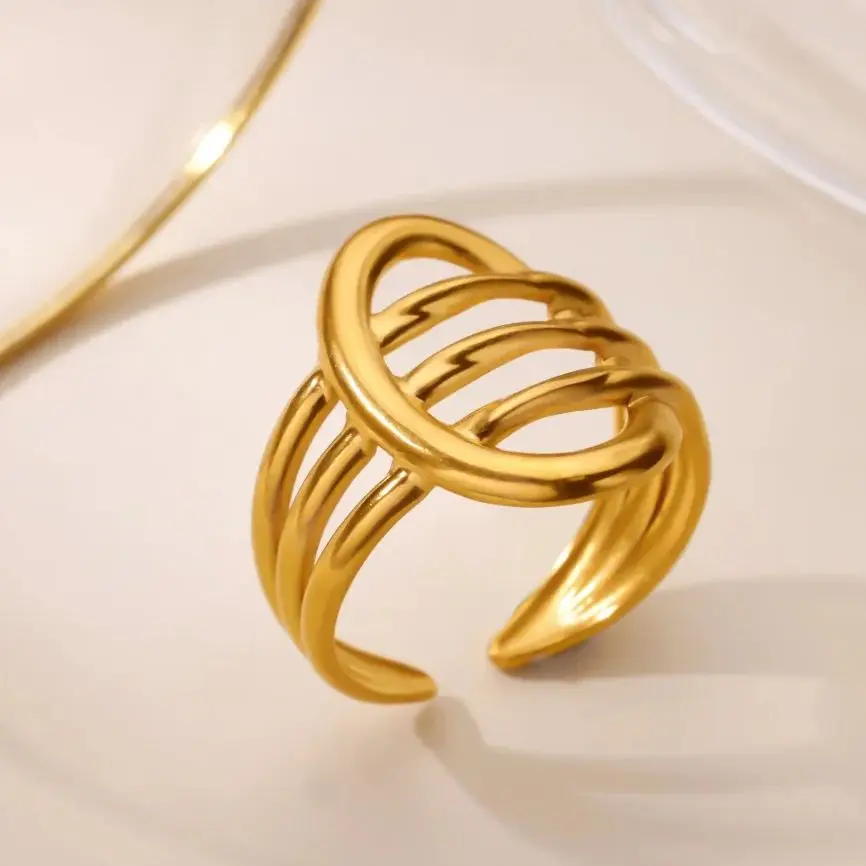 Hand-Wrapped Woven Geometric Ring Stainless Steel Gold for Women