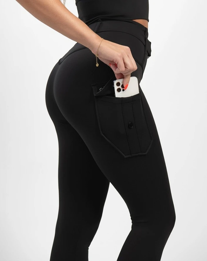 2024 Women's Fashion New Casual High Waist Solid Yoga Pants Button Pocket Design Quick Drying Sports Slim Fit Pants